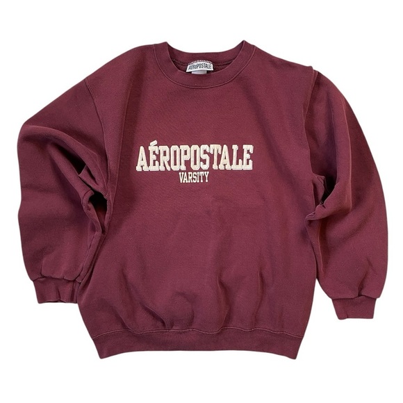 Vintage Tops - Vintage 90s Aeropostale Varsity Distressed Crewneck Maroon Sweatshirt Size M